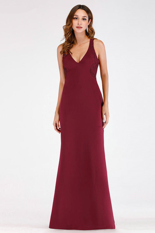 Elegant V-neck Burgundy Lace Mermaid Evening Gown-BallBride
