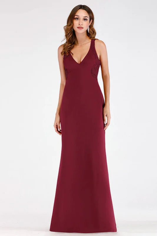 Elegant V-neck Burgundy Mermaid Lace Evening Gowns-BallBride