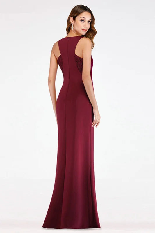 Elegant V-neck Burgundy Mermaid Lace Evening Gowns-BallBride