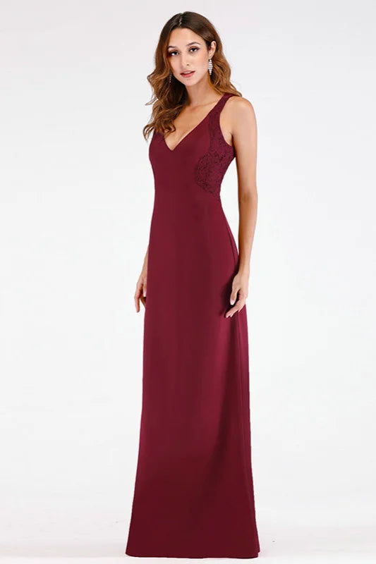 Elegant V-neck Burgundy Mermaid Lace Evening Gowns-BallBride