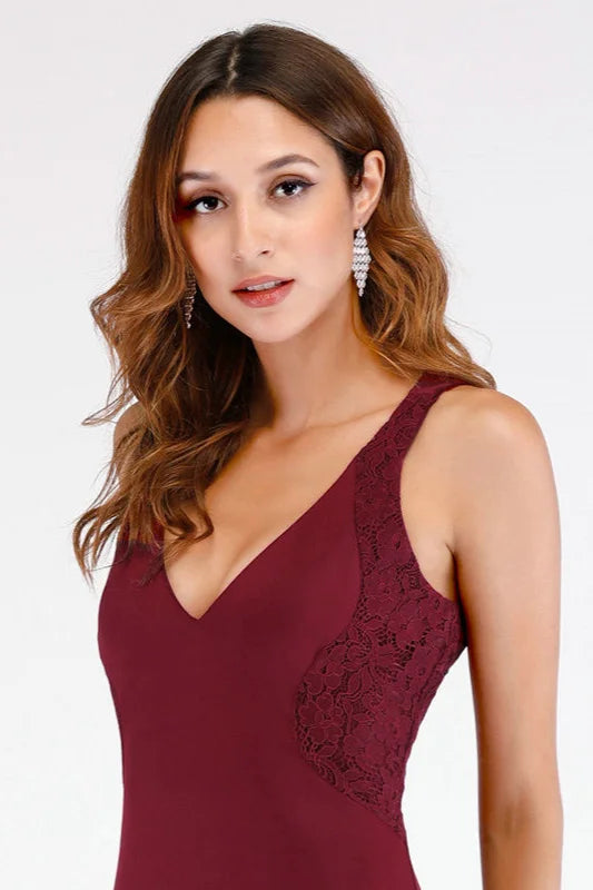 Elegant V-neck Burgundy Mermaid Lace Evening Gowns-BallBride