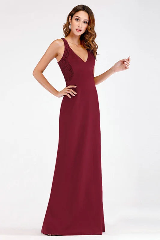 Elegant V-neck Burgundy Mermaid Lace Evening Gowns-BallBride