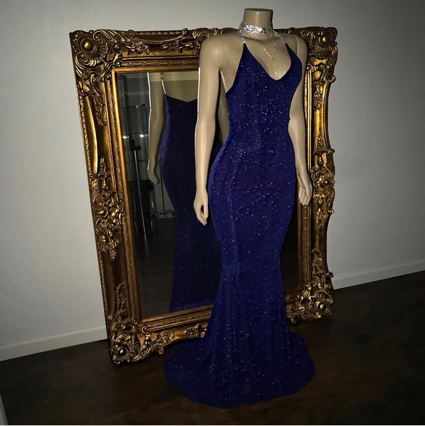 Elegant V-Neck Halter Mermaid Evening Dress with Sequins-BallBride