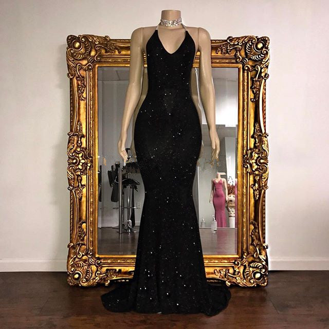 Elegant V-Neck Halter Mermaid Evening Dress with Sequins-BallBride