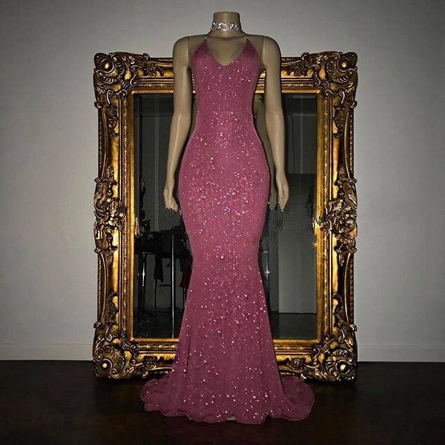 Elegant V-Neck Halter Mermaid Evening Dress with Sequins-BallBride