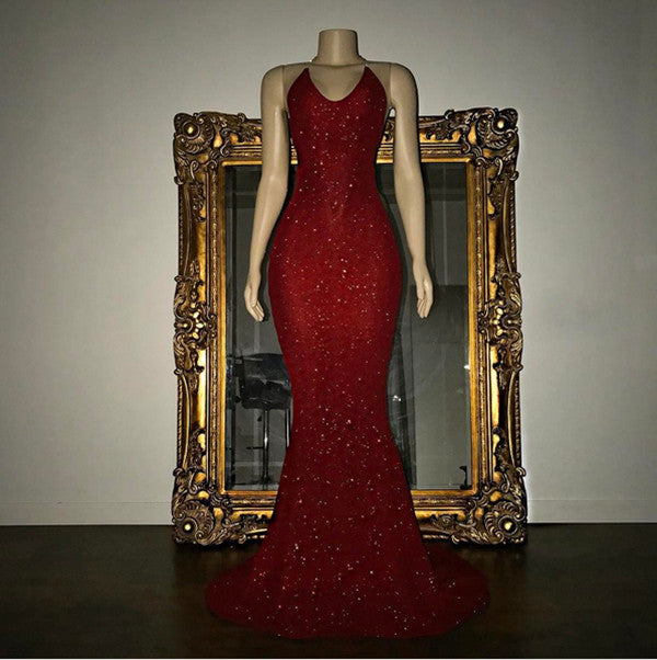 Elegant V-Neck Halter Mermaid Evening Dress with Sequins-BallBride