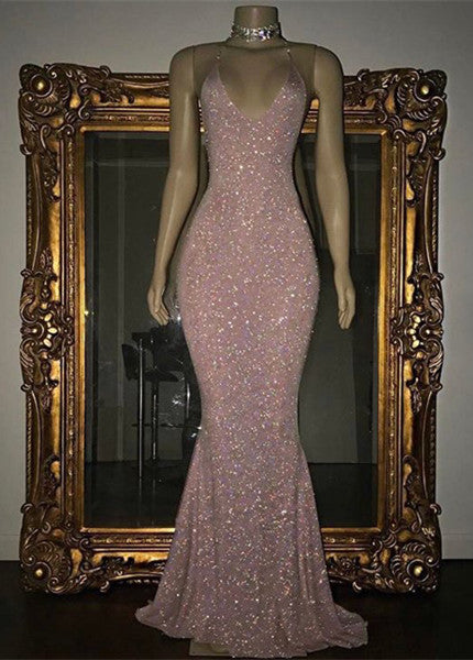 Elegant V-Neck Halter Mermaid Evening Dress with Sequins-BallBride