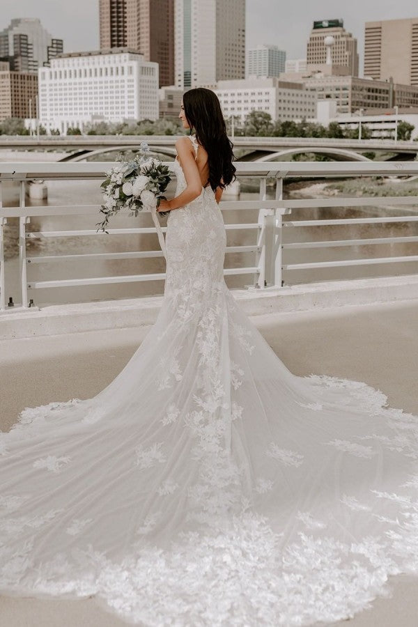 Elegant V-Neck Long Mermaid Wedding Dress With Lace-BallBride