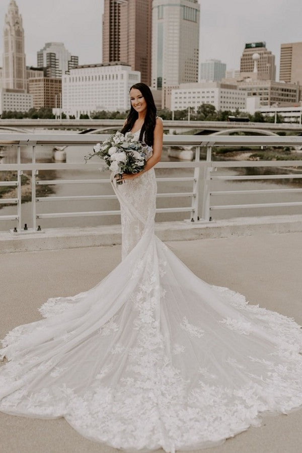 Elegant V-Neck Long Mermaid Wedding Dress With Lace-BallBride