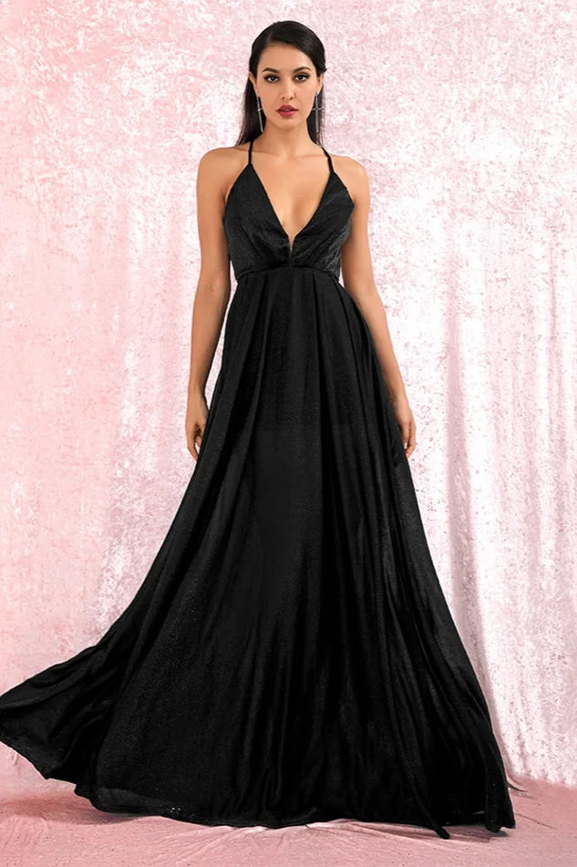 Elegant V-Neck Long Prom Dress Shinning Sleeveless Evening Gowns Online-BallBride