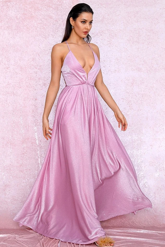 Elegant V-Neck Long Prom Dress Shinning Sleeveless Evening Gowns Online-BallBride