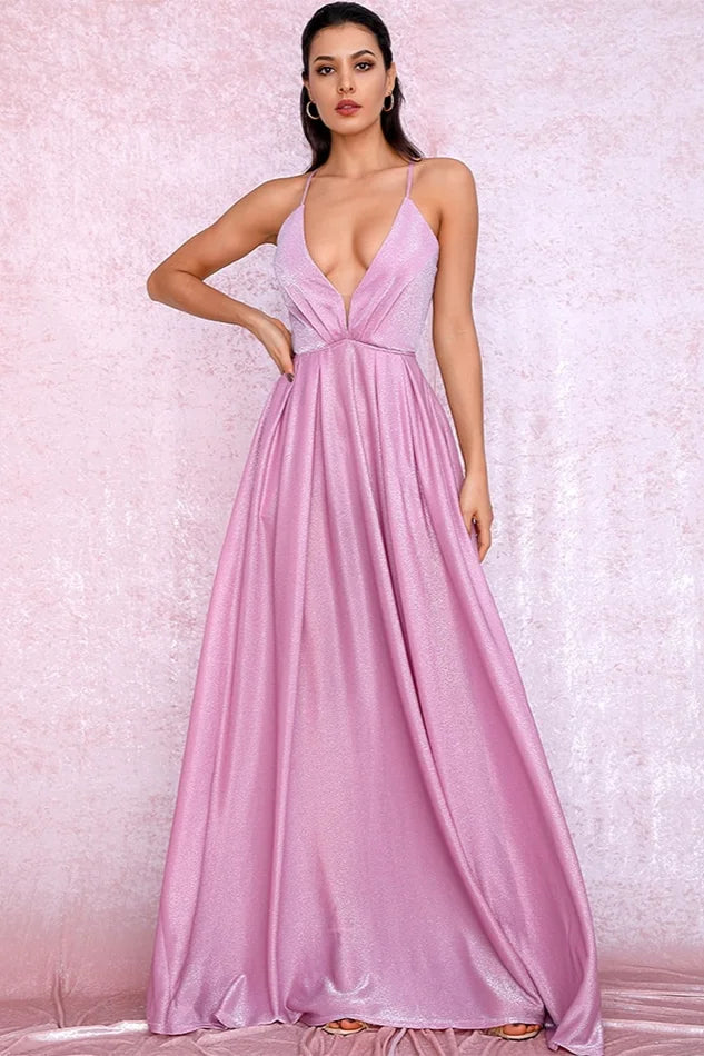 Elegant V-Neck Long Prom Dress Shinning Sleeveless Evening Gowns Online-BallBride