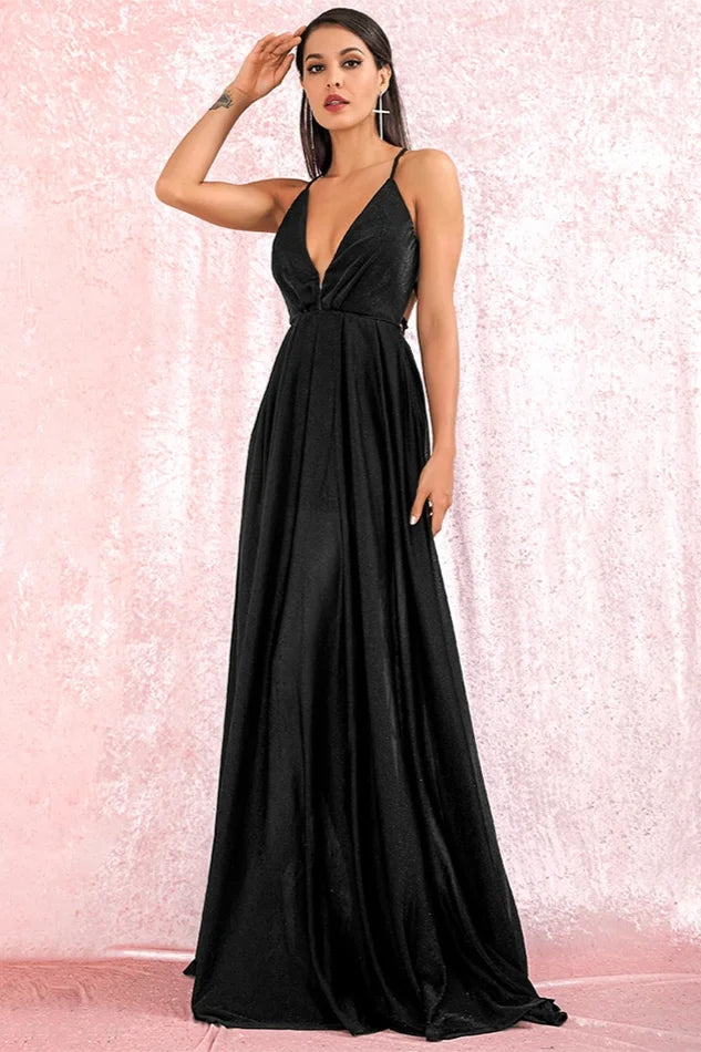 Elegant V-Neck Long Prom Dress Shinning Sleeveless Evening Gowns Online-BallBride