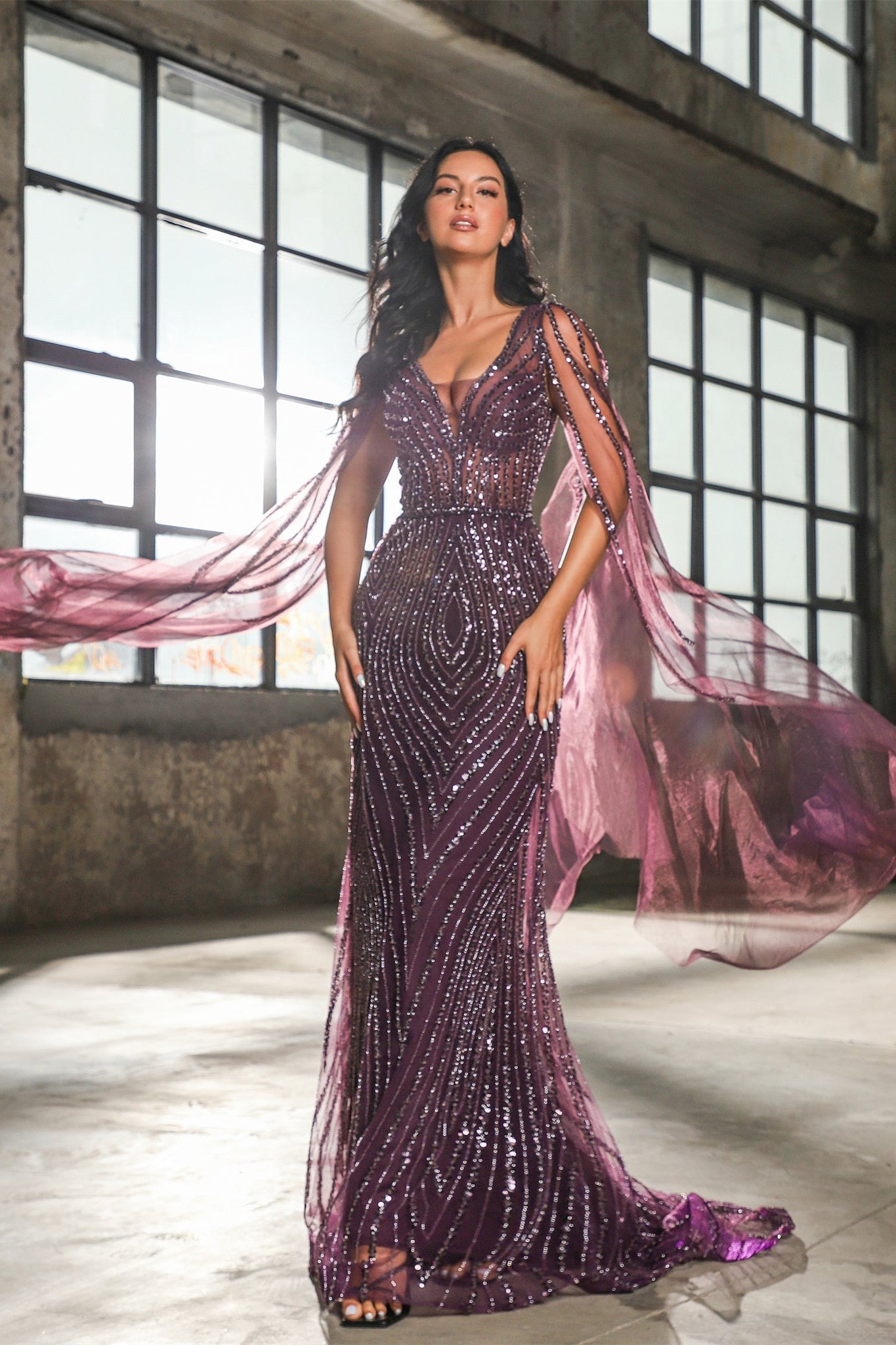Elegant V-Neck Mermaid Evening Dress with Classic Ruffle Sleeves and Beadings-BallBride