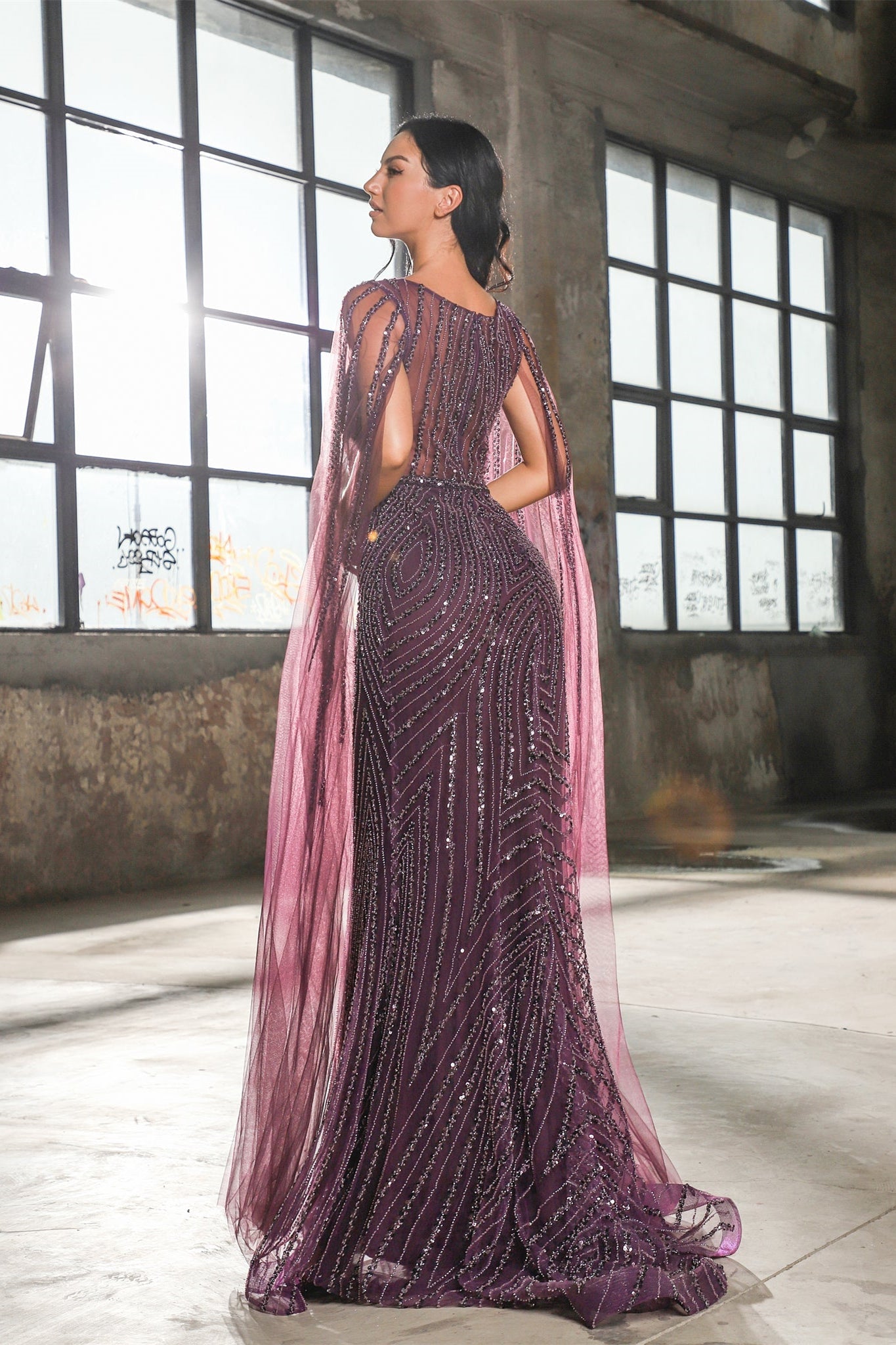 Elegant V-Neck Mermaid Evening Dress with Classic Ruffle Sleeves and Beadings-BallBride