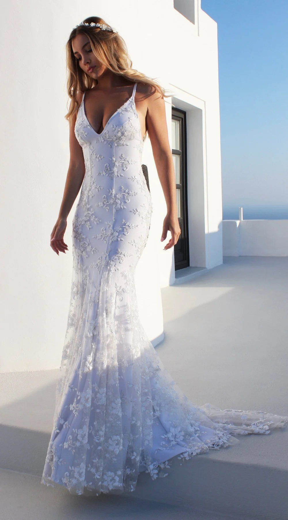 Elegant V-Neck Mermaid Prom Dress Lace Appliques Evening Party Gowns-BallBride
