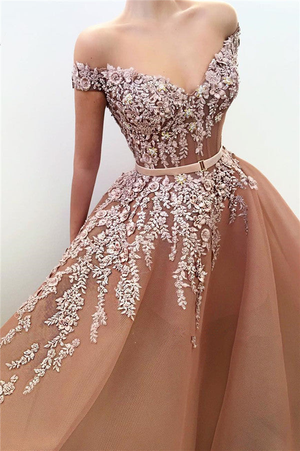 Elegant V-Neck Mermaid Prom Dress With Belt and Off-The-Shoulder Appliques-BallBride
