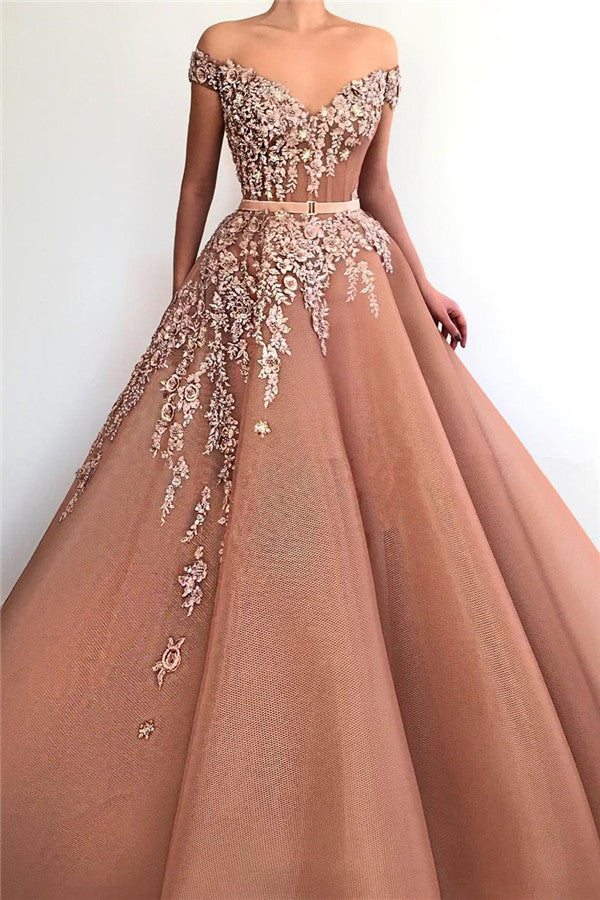 Elegant V-Neck Mermaid Prom Dress With Belt and Off-The-Shoulder Appliques-BallBride