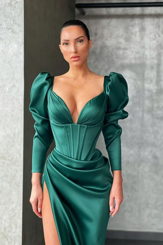 Elegant V-Neck Mermaid Prom Dress With Slit and Long Sleeves-BallBride