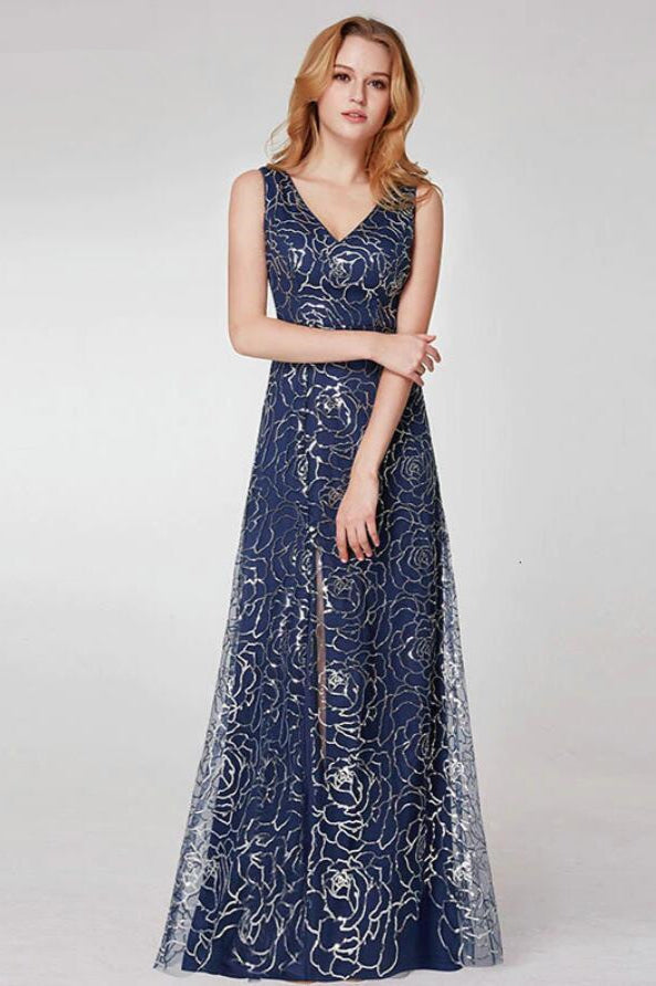 Elegant V-Neck Navy Prom Dress Long With Split for Women Online-BallBride