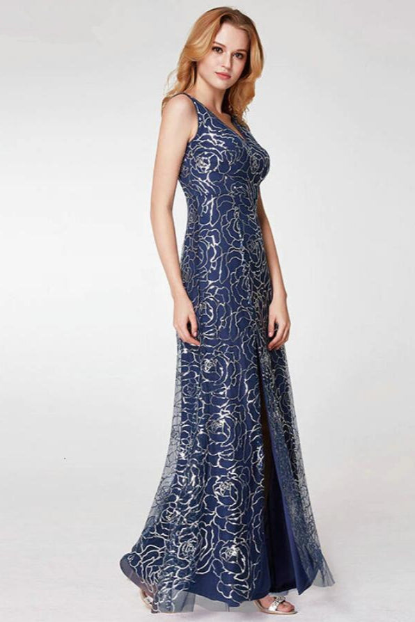 Elegant V-Neck Navy Prom Dress Long With Split for Women Online-BallBride