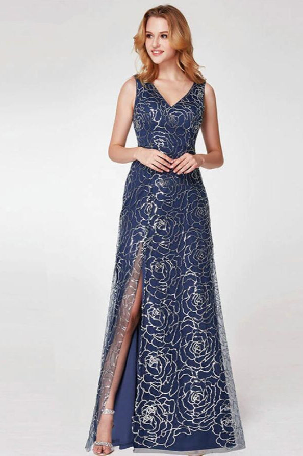 Elegant V-Neck Navy Prom Dress Long With Split for Women Online-BallBride