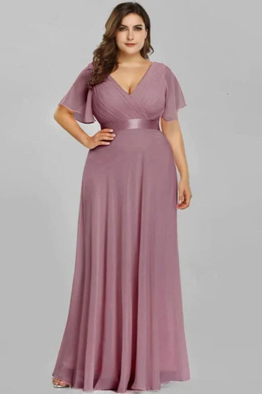 Elegant V-Neck Plus Size Chiffon Evening Dress With Short Sleeves-BallBride