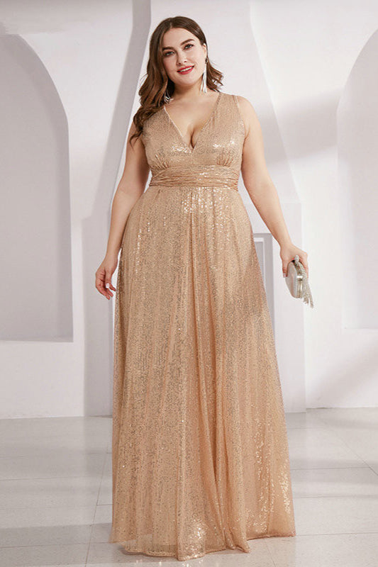 Elegant V-Neck Sequins Long Prom Dress - Plus Size On Sale-BallBride