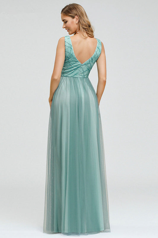 Elegant V-Neck Sleeveless Long Evening Gown with Tulle Appliques-BallBride