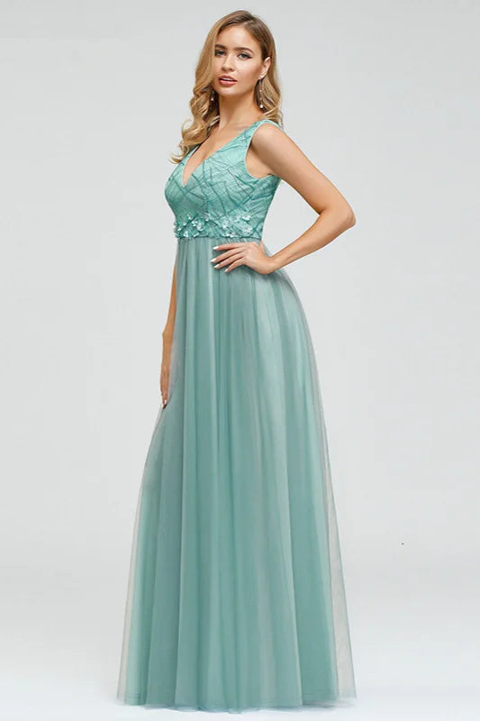 Elegant V-Neck Sleeveless Long Evening Gowns Tulle With Appliques-BallBride