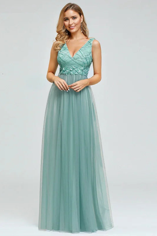 Elegant V-Neck Sleeveless Long Evening Gowns Tulle With Appliques-BallBride