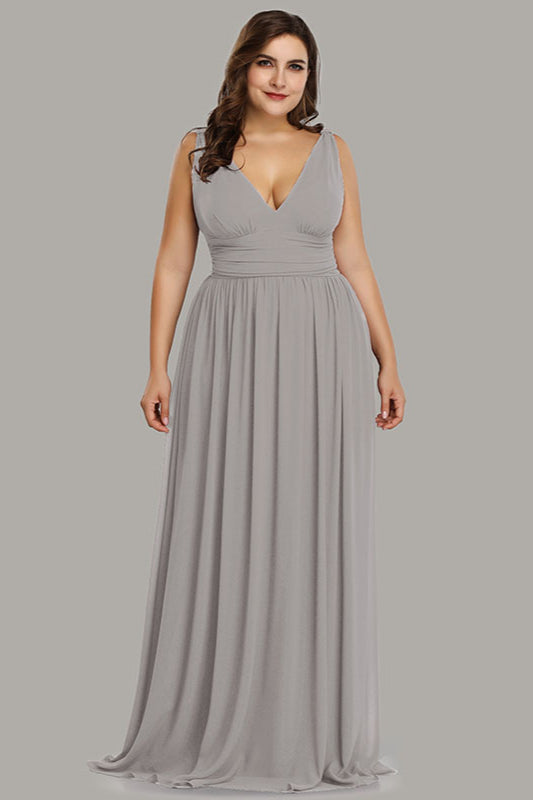Elegant V-Neck Sleeveless Long Plus Size Prom Dress Online-BallBride