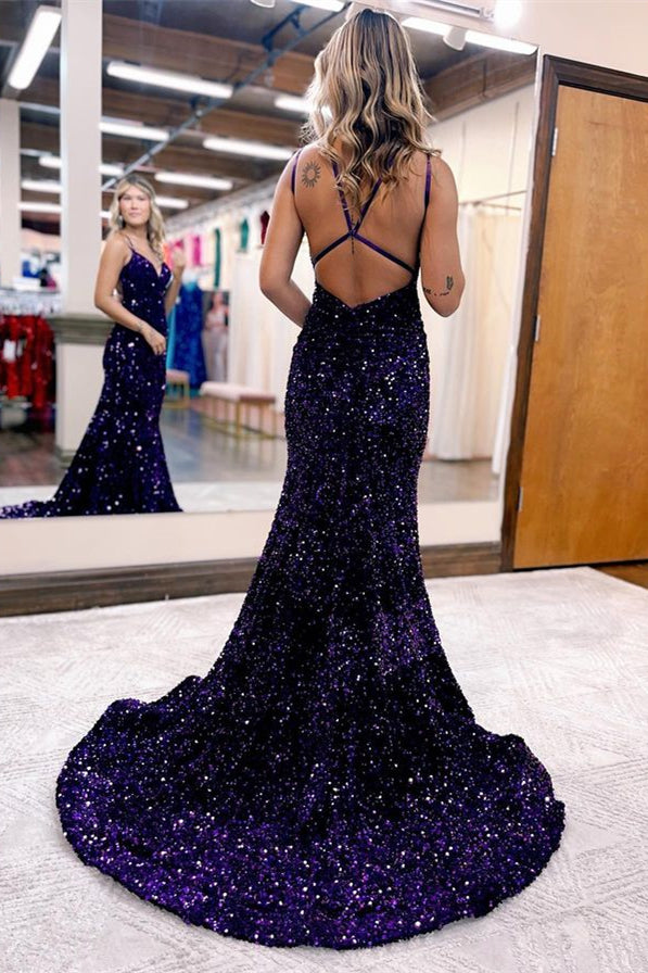 Elegant V-Neck Sleeveless Mermaid Sequins Prom Dress Long-BallBride