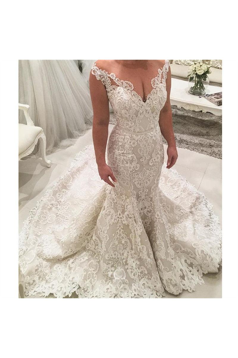 Elegant V-Neck Sleeveless Portrait Long Mermaid Lace Appliques Wedding Dress-BallBride