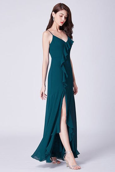 Elegant V-Neck Sleeveless Prom Dress ¨C Long Chiffon Ruffles Evening Gown-BallBride