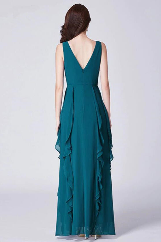 Elegant V-Neck Sleeveless Prom Dress ¨C Long Chiffon Ruffles Evening Gown-BallBride