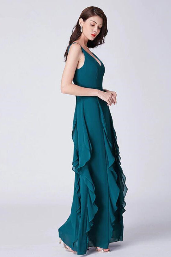 Elegant V-Neck Sleeveless Prom Dress ¨C Long Chiffon Ruffles Evening Gown-BallBride