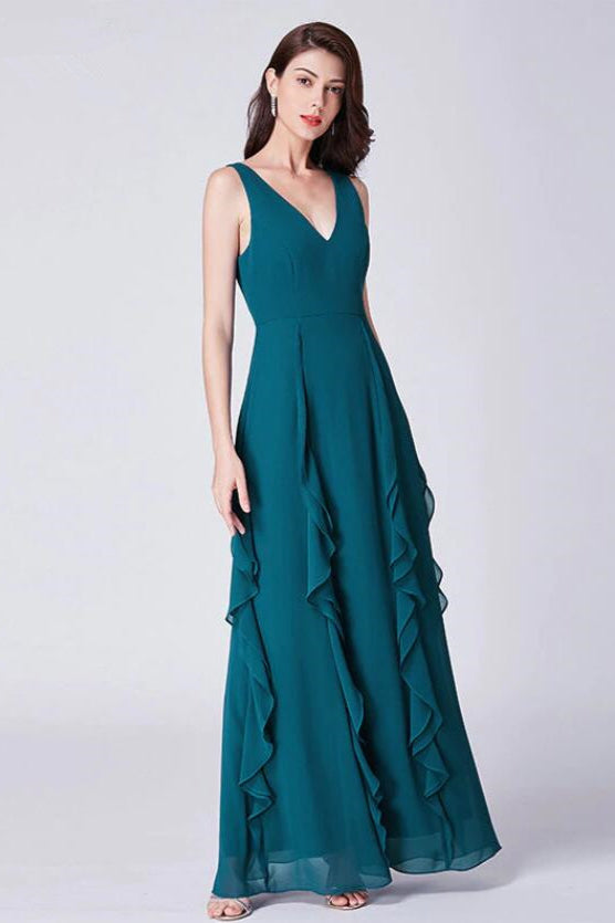 Elegant V-Neck Sleeveless Prom Dress ¨C Long Chiffon Ruffles Evening Gown-BallBride