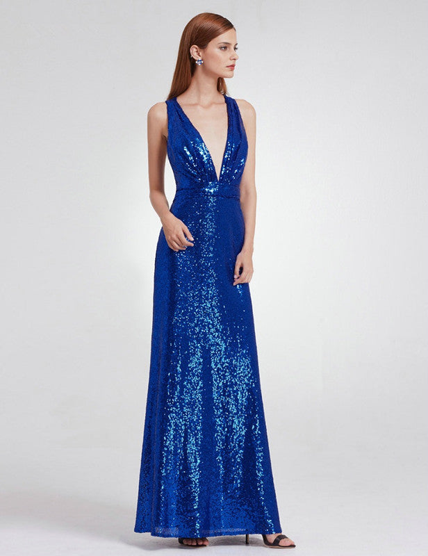 Elegant V-Neck Sleeveless Sequins Long Prom Dress for Evening-BallBride