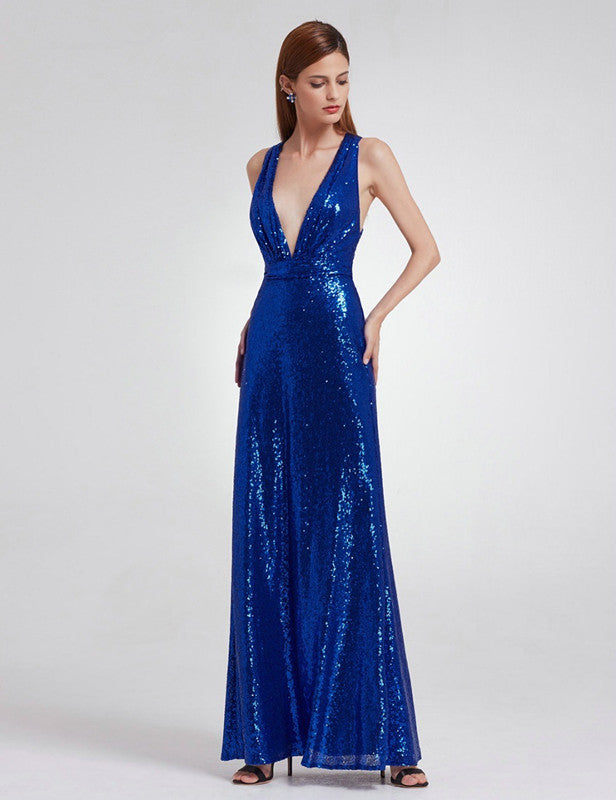 Elegant V-Neck Sleeveless Sequins Long Prom Dress for Evening-BallBride
