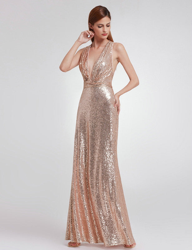 Elegant V-Neck Sleeveless Sequins Long Prom Dress for Evening-BallBride