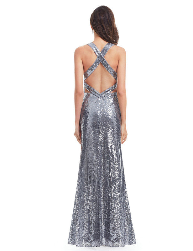 Elegant V-Neck Sleeveless Sequins Long Prom Dress for Evening-BallBride