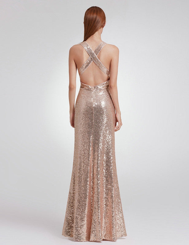 Elegant V-Neck Sleeveless Sequins Long Prom Dress for Evening-BallBride