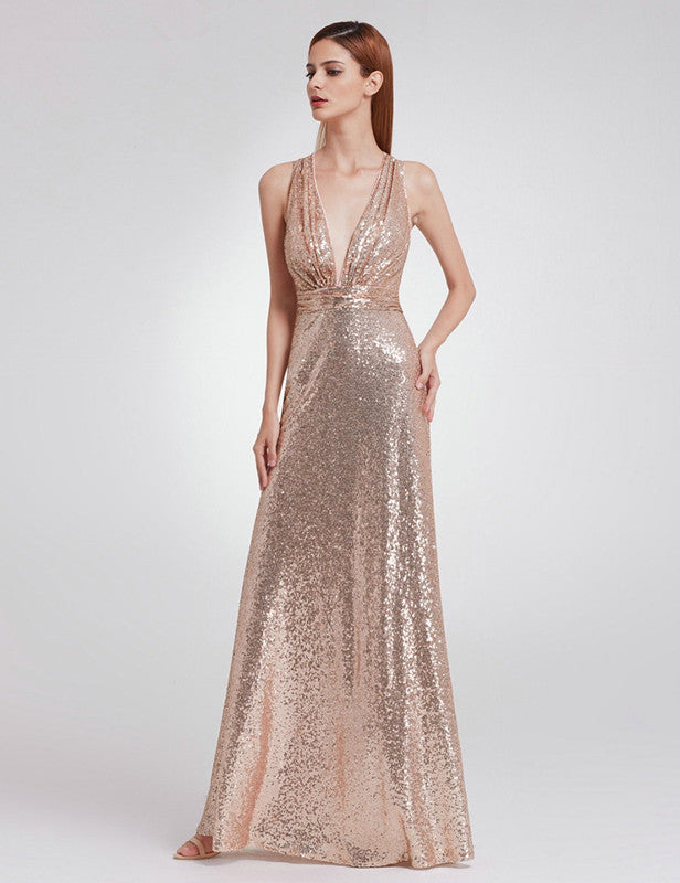 Elegant V-Neck Sleeveless Sequins Long Prom Dress for Evening-BallBride