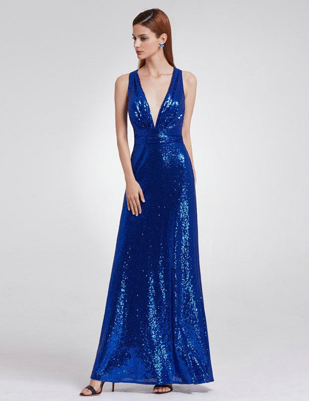 Elegant V-Neck Sleeveless Sequins Long Prom Dress for Evening-BallBride