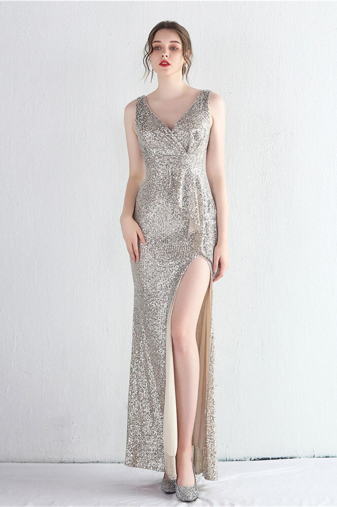 Elegant V-Neck Sleeveless Split Evening Dress With Sequins Online-BallBride