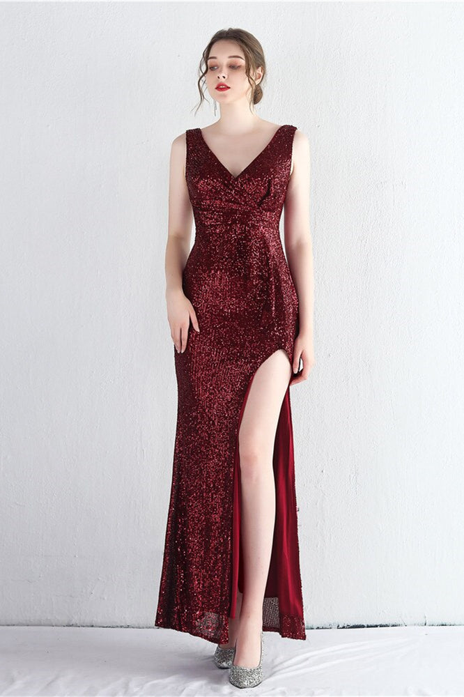 Elegant V-Neck Sleeveless Split Evening Dress With Sequins Online-BallBride