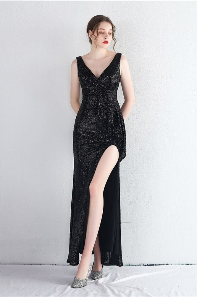 Elegant V-Neck Sleeveless Split Evening Dress With Sequins Online-BallBride