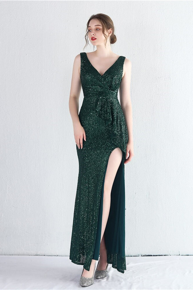 Elegant V-Neck Sleeveless Split Evening Dress With Sequins Online-BallBride