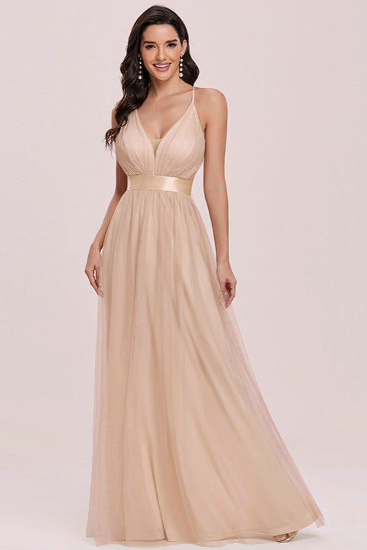 Elegant V-Neck Spaghetti-Strap Tulle Prom Dress-BallBride